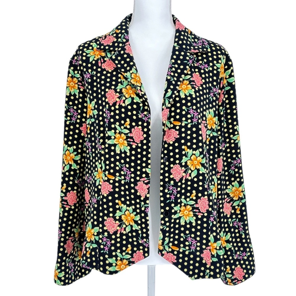 Vintage Sag Harbor Black Floral Yellow Polka Dot Button Front Blazer Womens 16